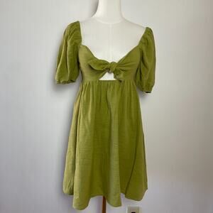 Babydoll Puff Sleeve Dress Small Green Tie Front Cutout Smocked Cottage Romantic